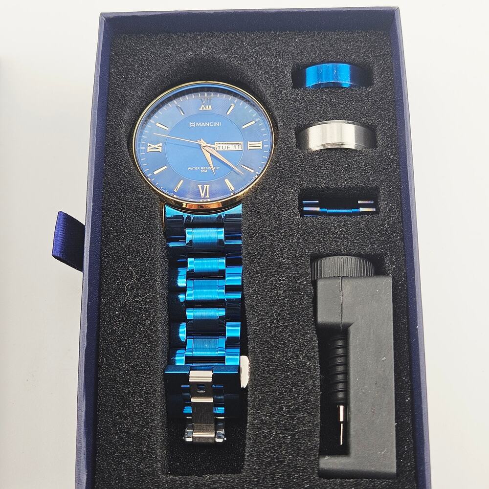 Mancini Roman Numeral Watch Gold & Metallic Blue Link Band Gift Set Bold NEW